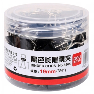 得力（deli）8565 筒装长尾票夹/燕尾夹/长尾夹/铁夹子/凤尾夹 19mm 黑色 40只/筒