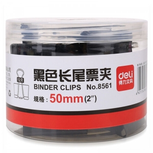 得力（deli）8561 筒装长尾票夹/燕尾夹/长尾夹/铁夹子/凤尾夹 50mm 黑色 12只/筒